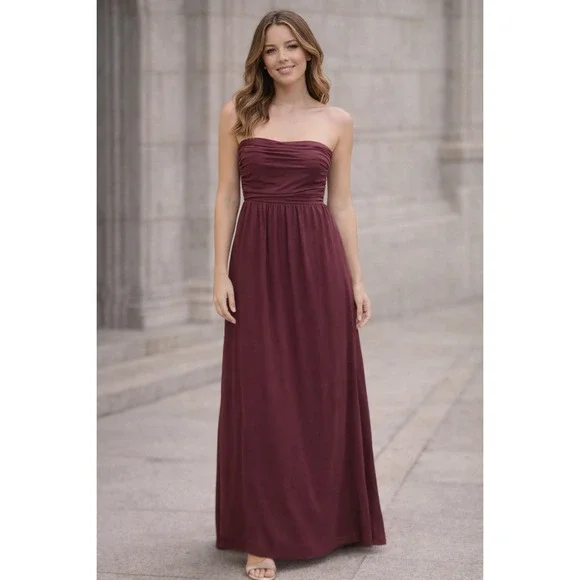 Lovers and Friends Burgundy Strapless Ruched Maxi Dress Wine Bridesmaid Gown L - Picture 1 of 9